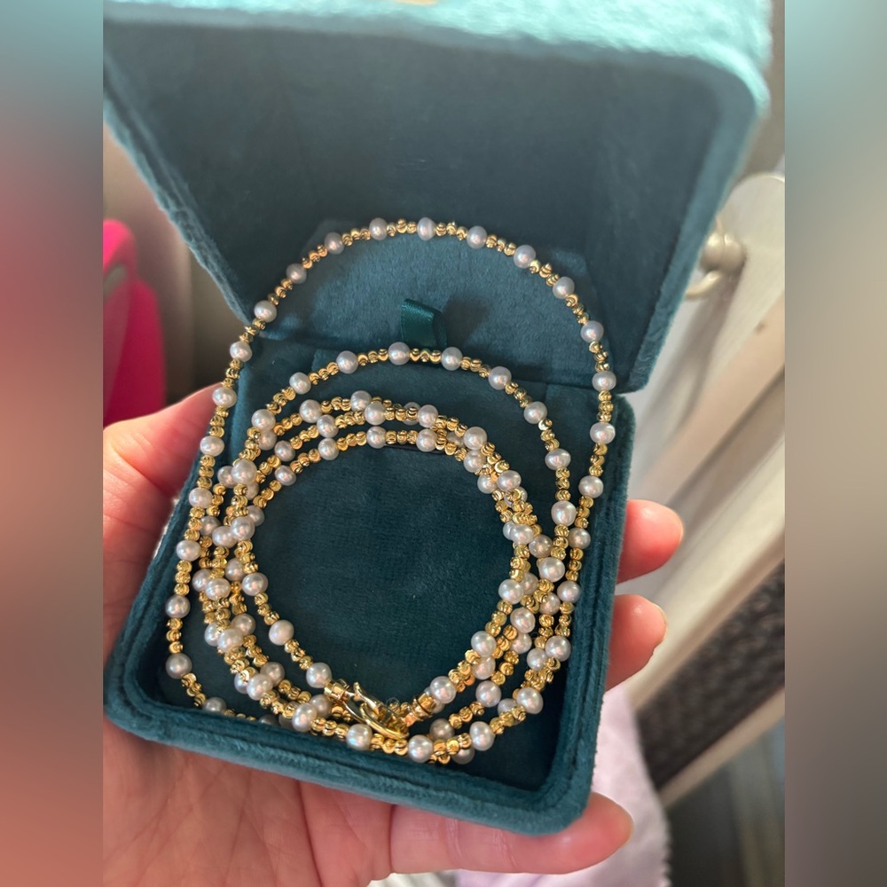 14K GF gold filling Long Pearl Necklace Can Be Bracelet Too